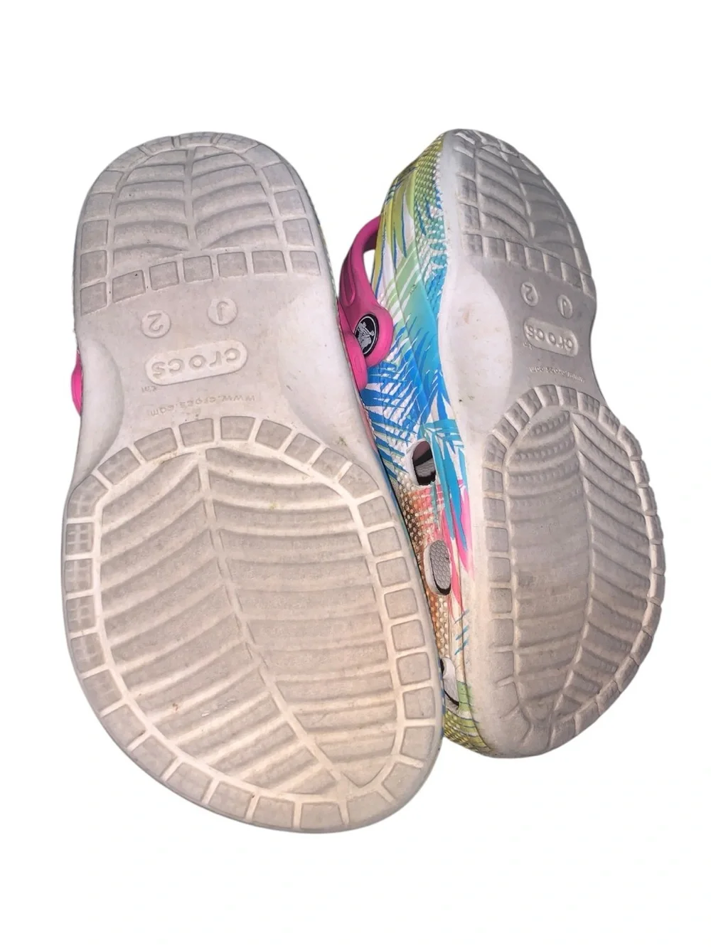 CROCS Kids Tropical Palm Print Clog Pink, Blue, Yellow Girls Size J2